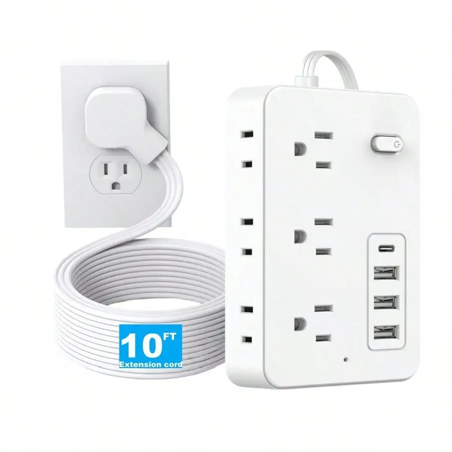 10FT Multi Plug Outlet Expander,10-in-1 Power Strip Surge Protector with 6AC Outlets, 3USB &1Type-C Ports