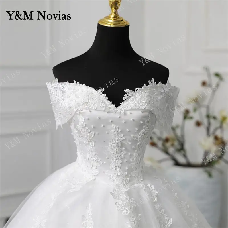 Y&M Customized Off Shoulder Plus Size Vestido De Noiva 2025 Wedding Dress Long Train or Floor Appliqe Pearl Bridal Tulle Mariage