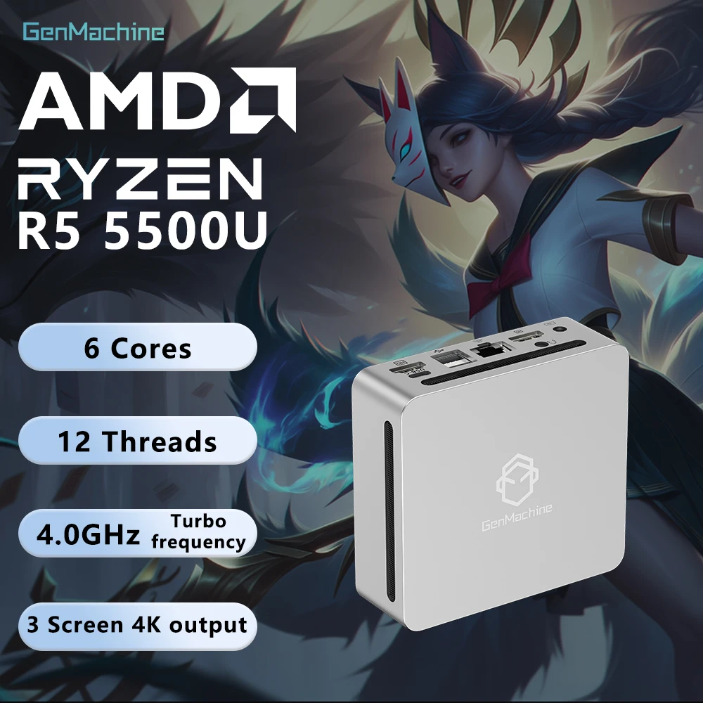 Mini PC GenMachine con AMD Ryzen 5 5500U, 16GB de RAM + 512GB de ROM, CPU de 4.0GHz, Windows 11, Ryzen DDR4, WiFi6, NUC, PC para Juegos, Computadora para Juegos DIY