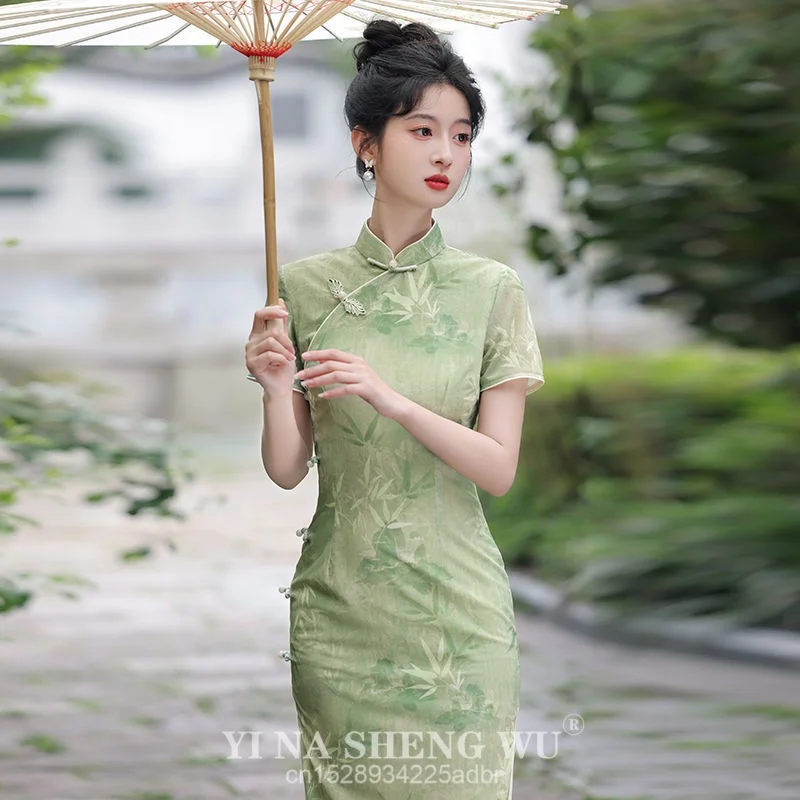Green Cheongsam Long Dress Shoulder-Length Sleeve Women's Style New Chinese Version High-End Summer National Trend Dress
