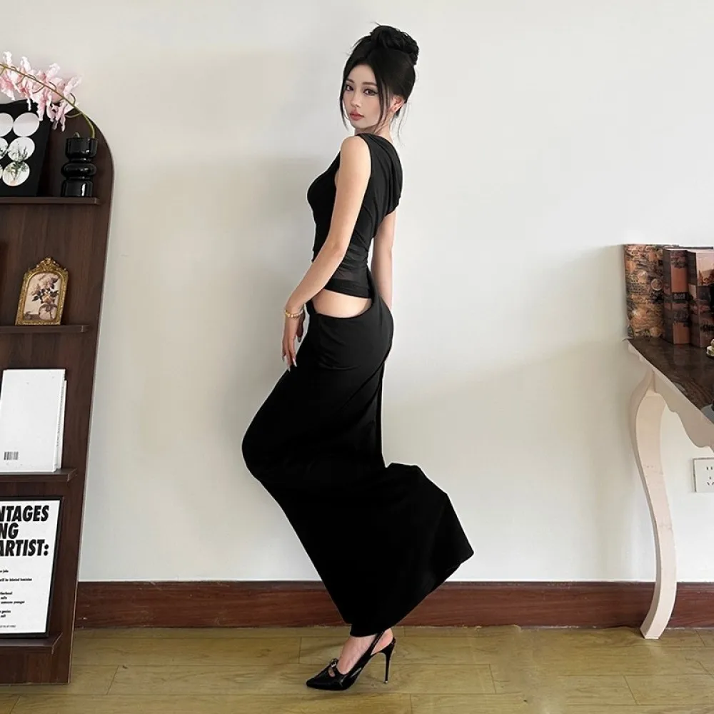 SylCue Sexy See Through Maxi Dress Women Irregular Skew Collar Hollow Solid Skinny Midnight Fashion Prom Party Elegant Vestidos