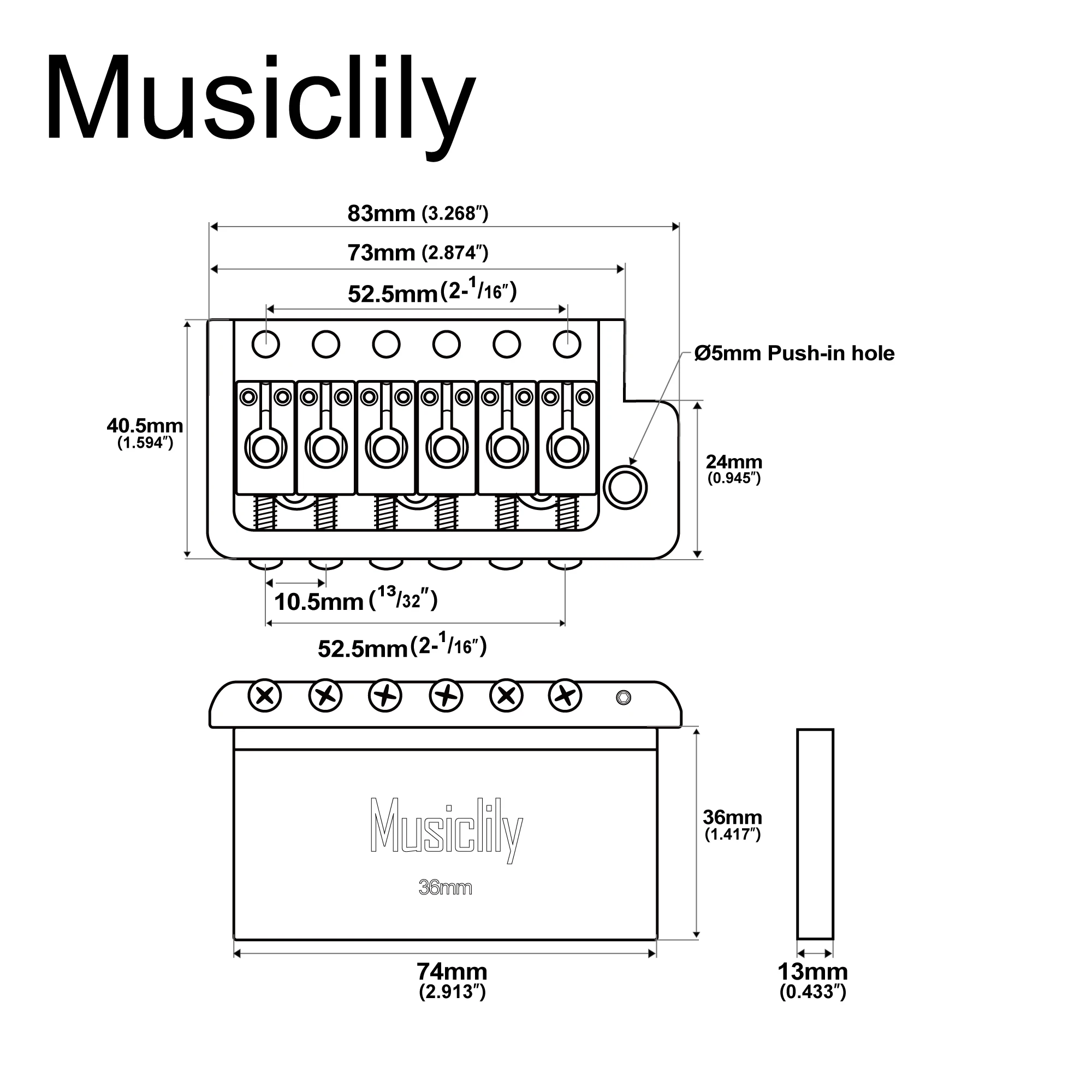 Musiclily Ultra 52.5mm Full Solid Brass 6-Screw Knife Edge Tremolo Bridge with 36mm Block for ST Style Electric Guitar