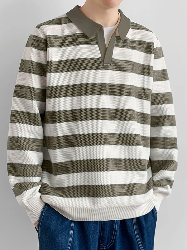 

Высококачественный мужской повседневный вязаный свитер с V-образным вырезом и полосками, осенне-зимний базовый топ из премиального полиэфирного волокна