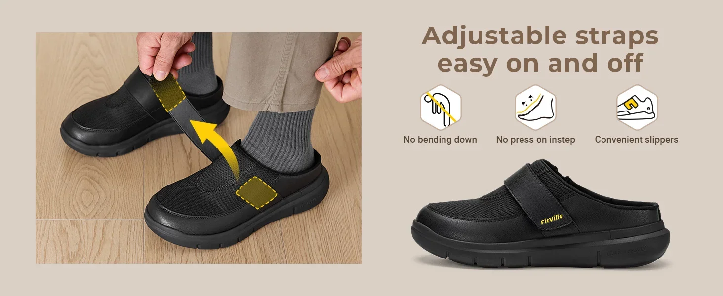 FitVille Diabetiker-Schuhe mit breiter Zehenpartie für Herren, Slipper zum Hineinschlüpfen, Clogs für geschwollene Füße, verstellbare, atmungsaktive Flip-Flops – Detail 6