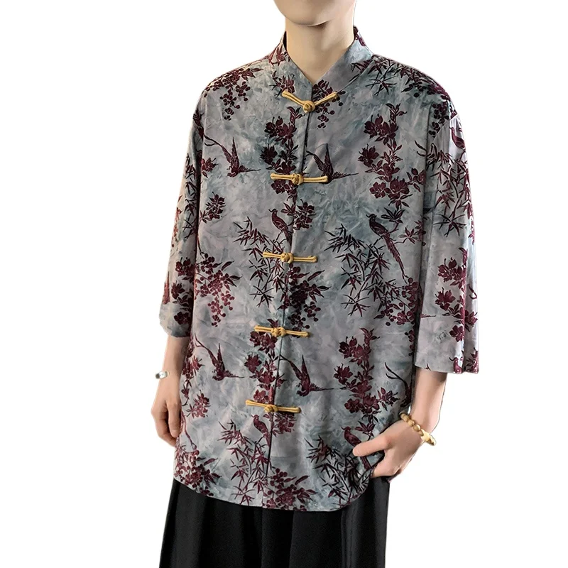 

Летняя мужская рубашка в стиле тань из ледяного шелка, с коротким рукавом, с застежкой, пляжная, в китайском стиле, с принтом дракона