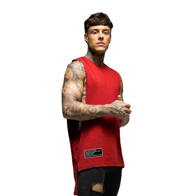 الصيف الظهر تمديد سترات قطنية طويلة رجالي اللياقة البدنية كمال الاجسام تانك القمم الصالة الرياضية تجريب فضفاض مفتوح الجانب قطع أكمام تي شيرت