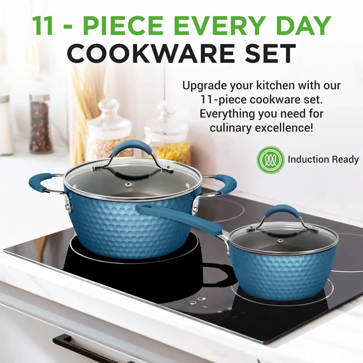 11 Pc Pots and Pans Set Non Stick Cookware with Ceramic Coating, Ergonomic Handles, Induction Ready,Royal Blue