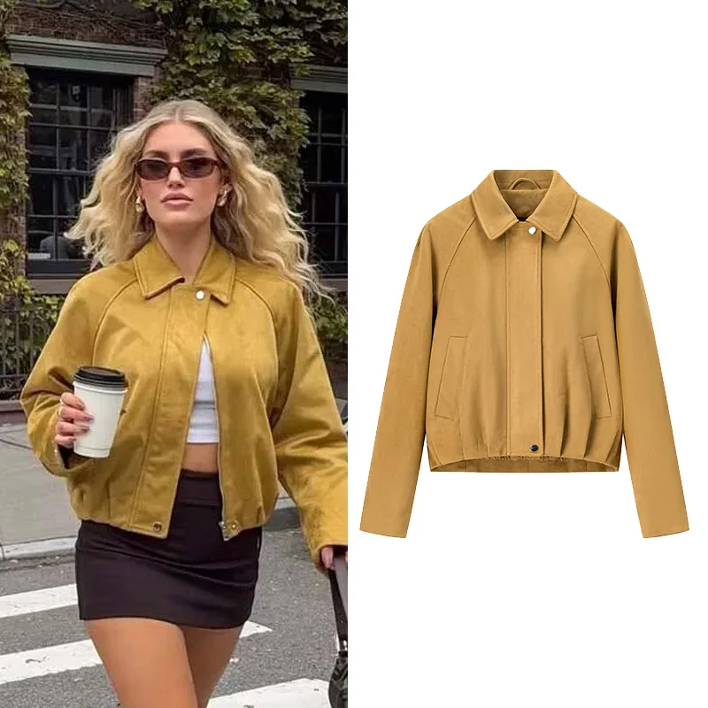 

HipSeam Женская куртка Осенняя куртка-бомбер из искусственной замши с длинными рукавами и карманами Женские куртки на молнии Женское пальто Шикарные женские топы