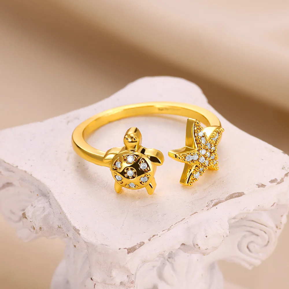 Retro Crystal Turtle Starfish Open Ring for Women Gold Color Stainless Steel Ring Summer Beach Party Jewelry Gift