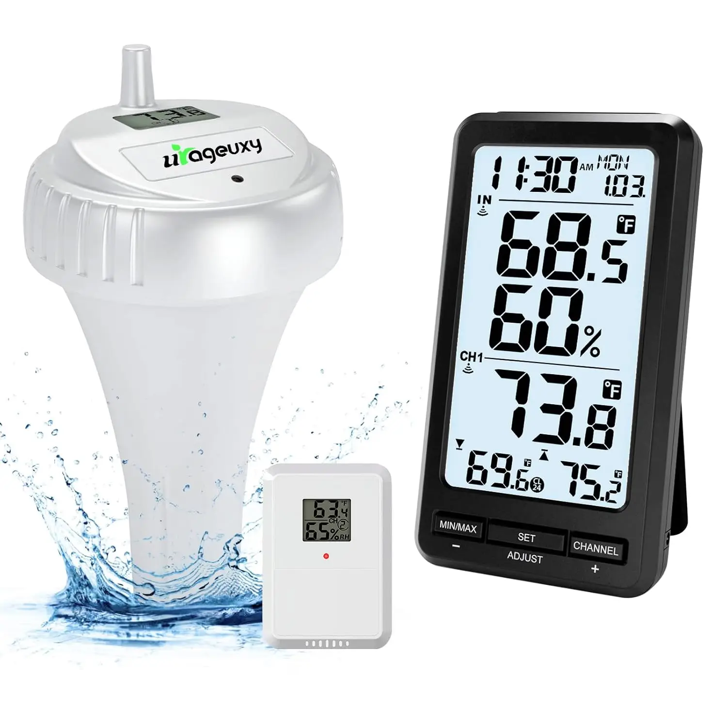 Urageuxy Kabelloses Pool-Thermometer, IPX8, 328 Fuß, LCD, digitaler Temperatursensor, Alarm, wasserdicht, für Whirlpool/Schwimmbad/Spa, große Reichweite