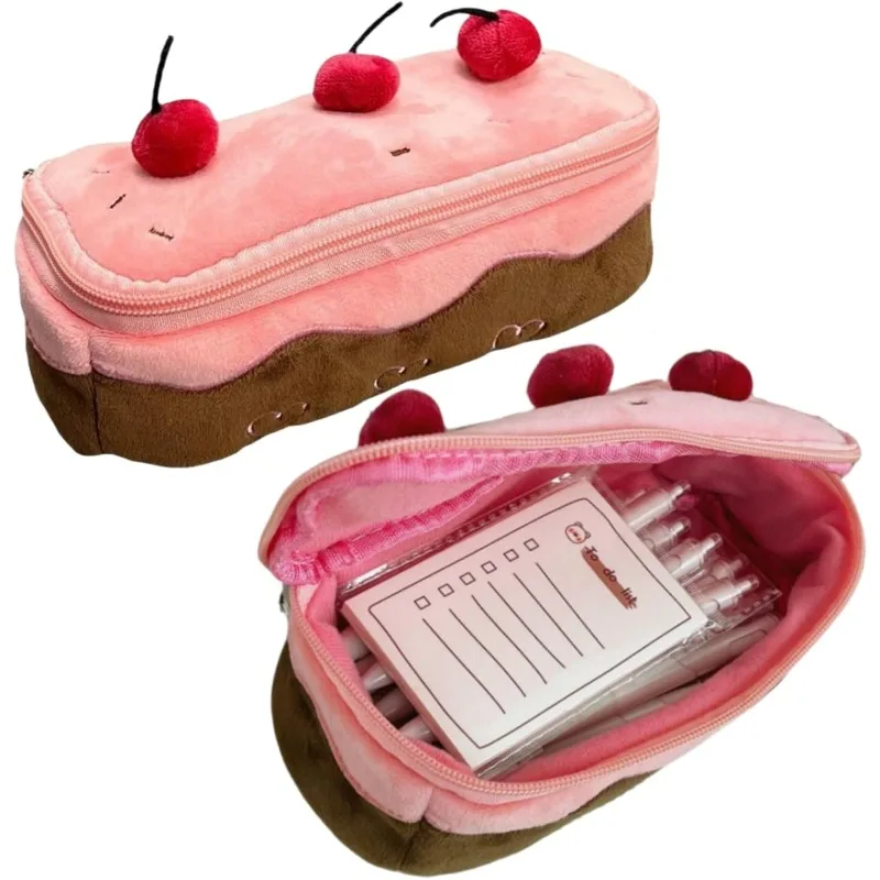 Cute Cherry Cream Cake Plush Pencil Case Large Capacity Pen Bag Soft Cartoon Stationery Pouch for School Office
