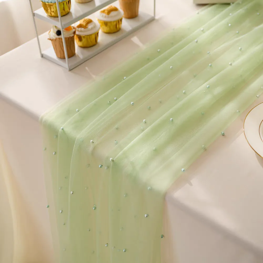Sage Green Tulle Fabric with Pearl Bead for Bridal Veil Lace,Wedding Dress,Party Decor,Costume,Table Runner Tablecloth Decor view 6