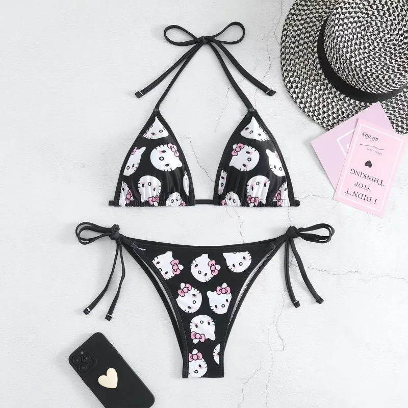 Anime peripheral cat pattern bikini set summer beach soft edge lace up underwear swimsuit cute and comfortable 2K style girl gif - view 6