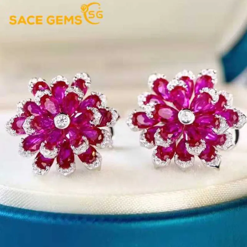 

SACE GEMS Fashion Jewelry Earrings for Women 925 Sterling Silver Red Corundum Ear Clip Wedding Party Fine Jewelry Holiday Gift