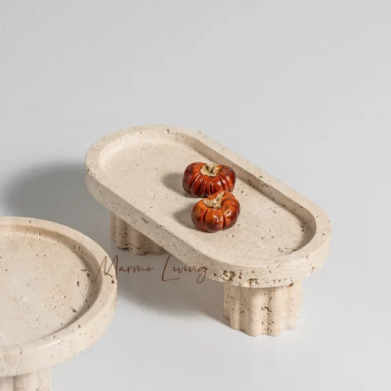 

Natural Marble Decorative Tray for Dresser Coffee Table Kitchen Countertop Travertine Catchall Tray for Perfume Candles Jewelry