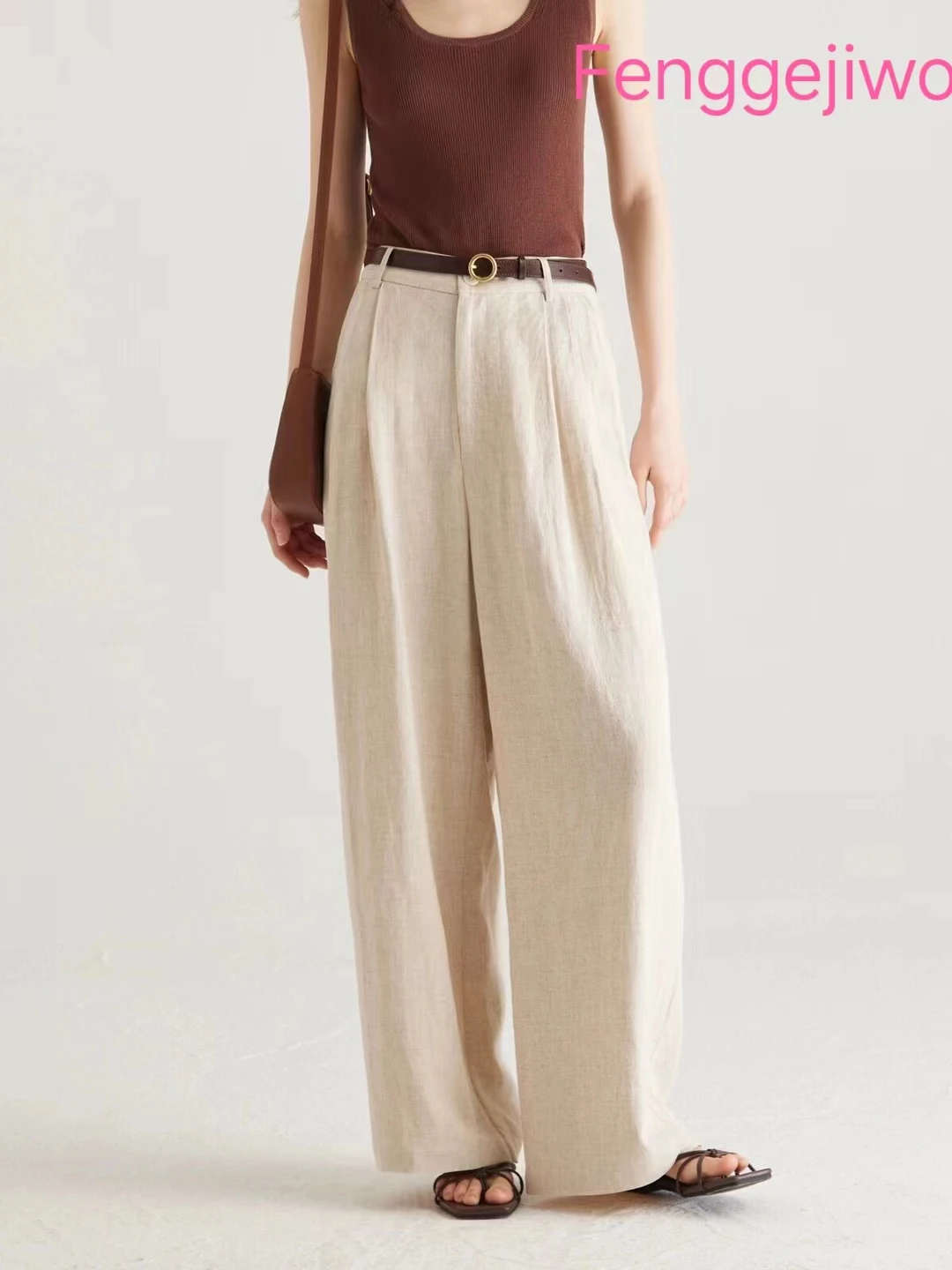 

Fenggejiwo Women's Pants Linen Thin High Waist Draping Floor Slapping Casual Lazy Style Wide Leg Long Pants