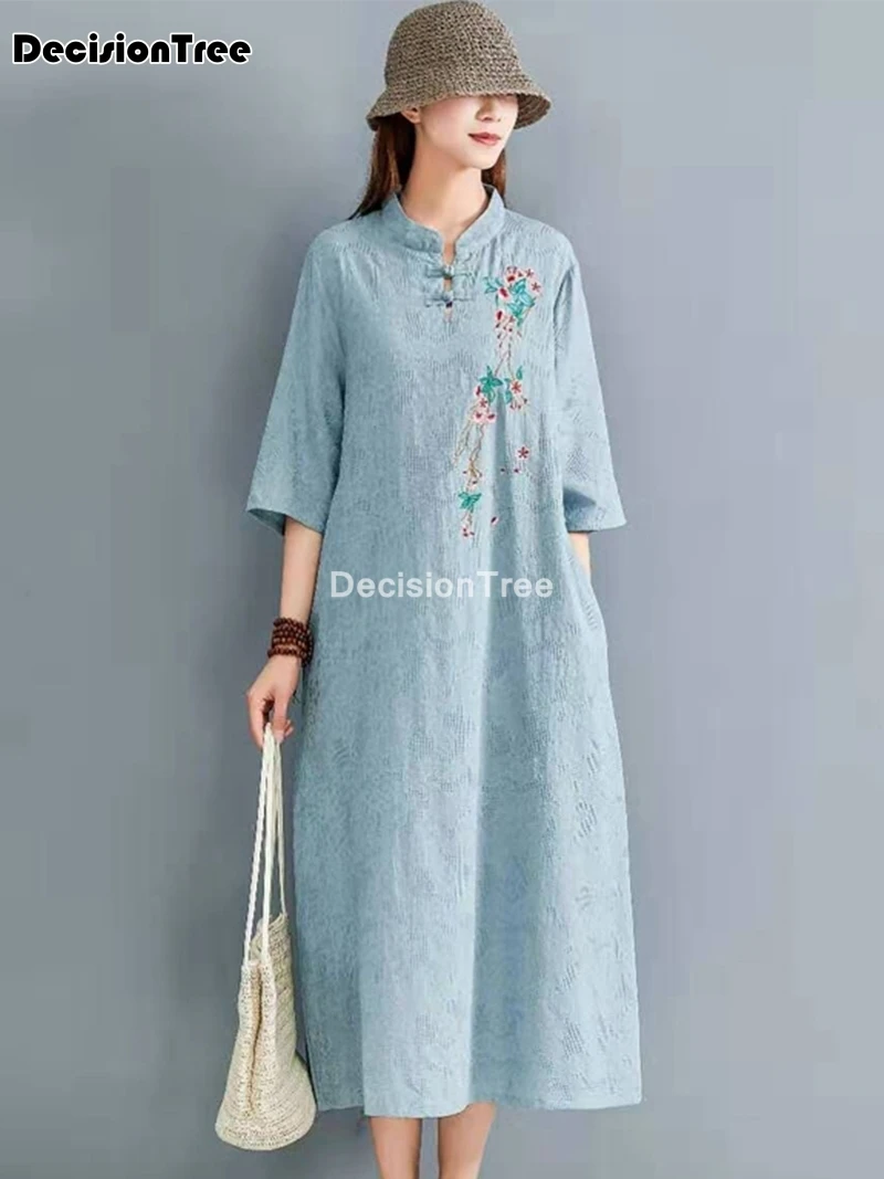 2023 çin elbisesi cheongsam kadınlar uzun qipao elbise modern pamuk keten cheongsam elbise yarım kollu nakış cheongsam elbise