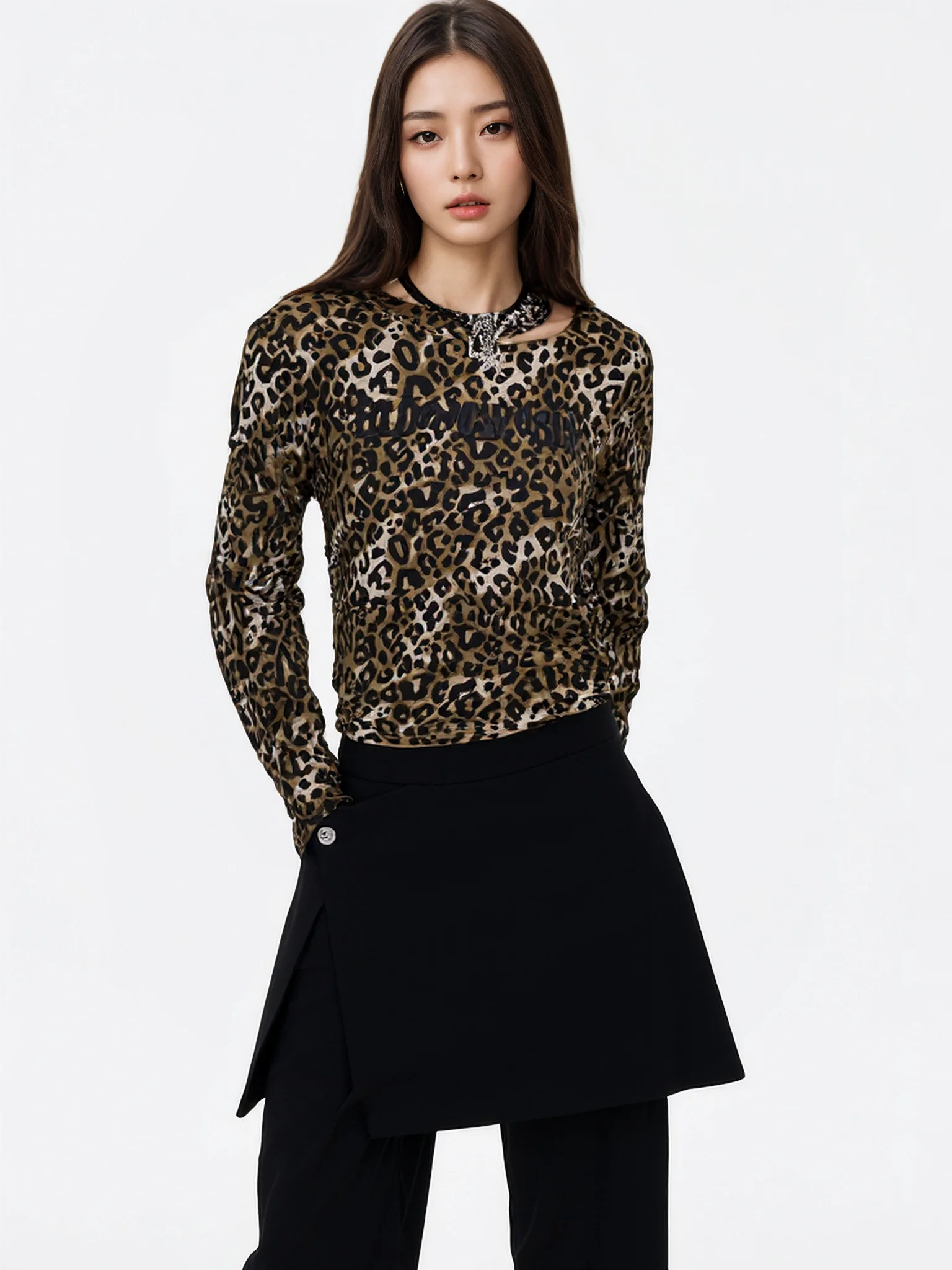 

Новинка: приталенный длинный топ с круглым вырезом, золотистым леопардовым принтом и надписью, повседневный, весна-лето