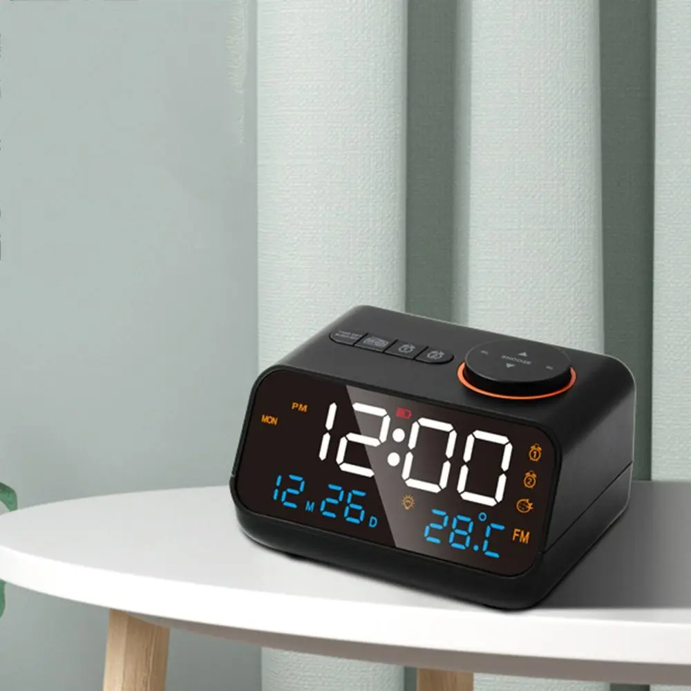 Adjustable Volume FM Radio LED Alarm Clock USB Charging Hygrometer Small Digital Clock Thermometer Connectable Earphones