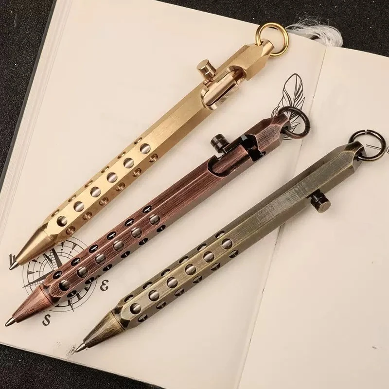 Brass External EDC Brass Writing Tools Cylindrical Ballpoint Pen Mini Business Signing Keychain Paper Items Gift EDC Pen