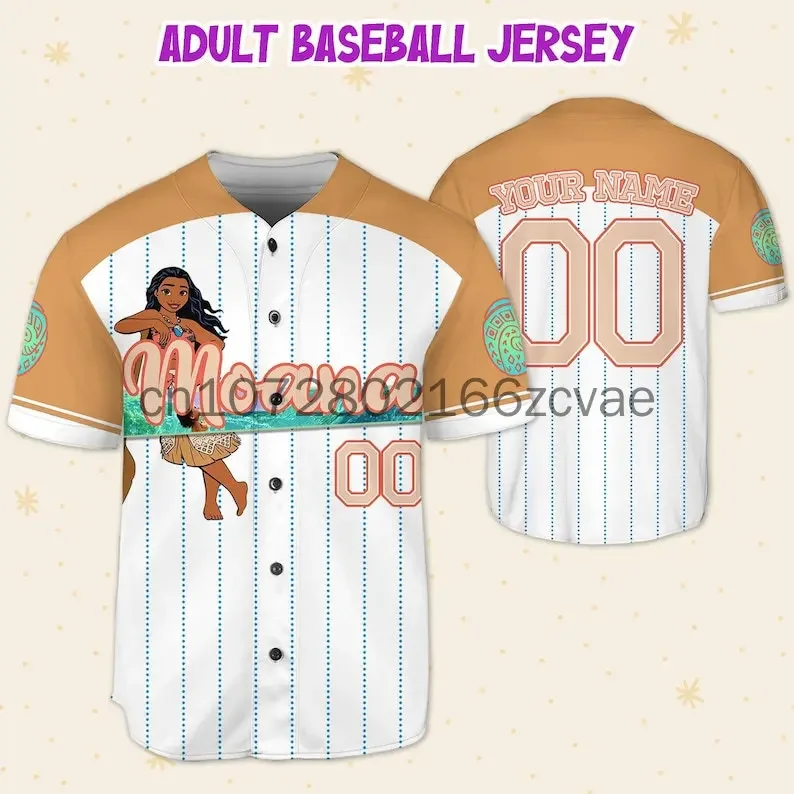 2024 New Disney Moana Princess Baseball Jersey Outdoor Sports Style Casual Jersey t-shirt con nome personalizzato da uomo e da donna