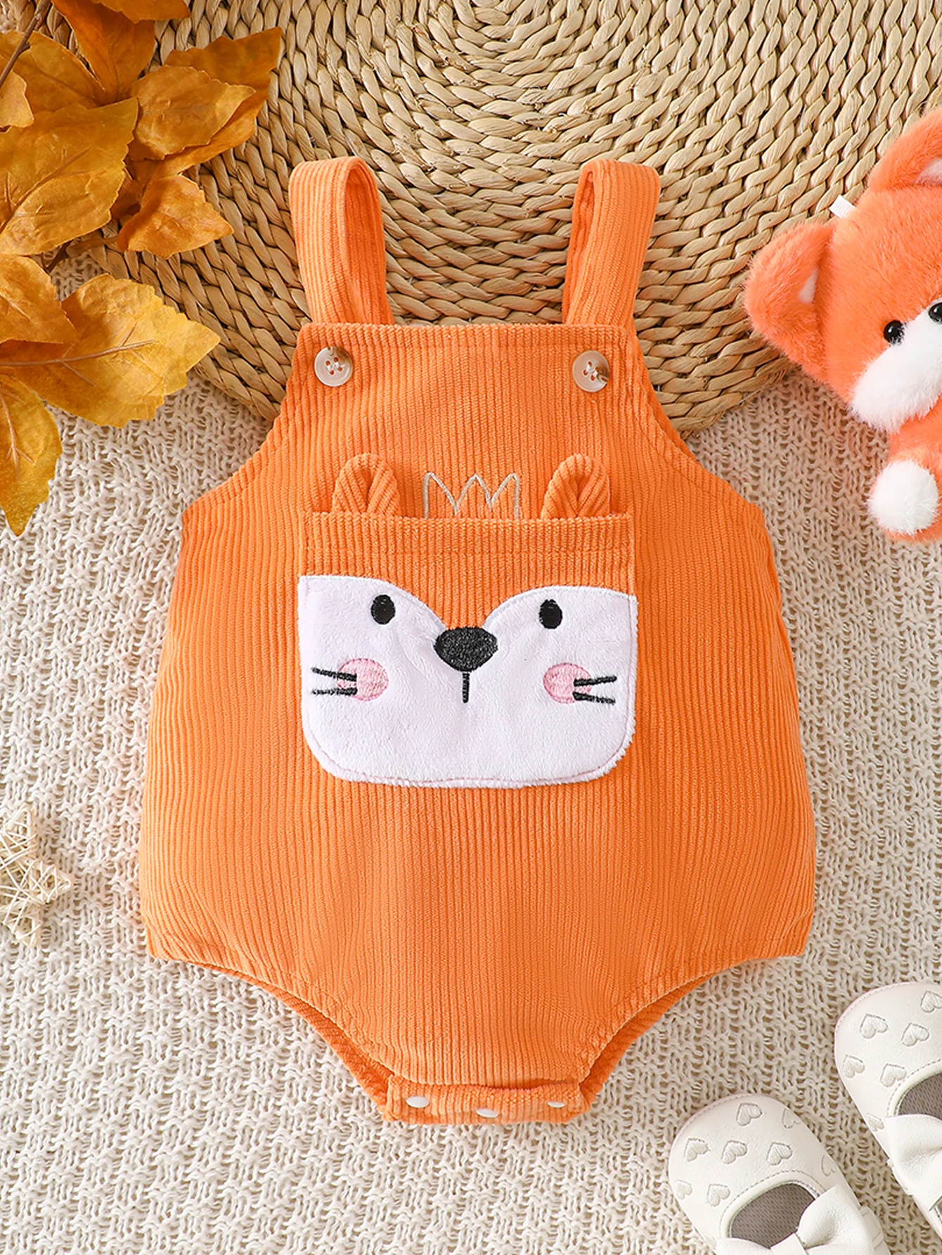 Baby Fox Corduroy Romper with Button Straps & Snap Crotch