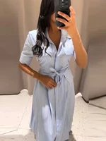 Elegant Women's Striped Long Dress Summer Lace Up Turn-Down Collar Single-breasted Blue A-line Dresses 2026 Lady Holiday Robes - Image 3
