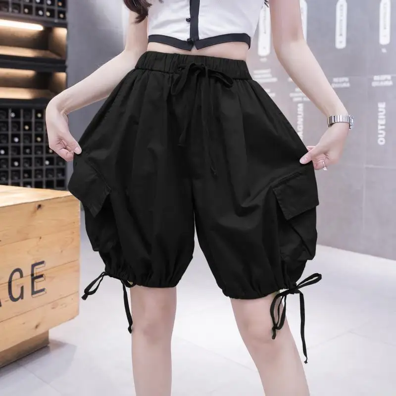 Women Summer Thin Simplicity Loose Pocket Solid Color High Waist Cargo Women Clothes Casual All-match Appear Thin Quarter Shorts