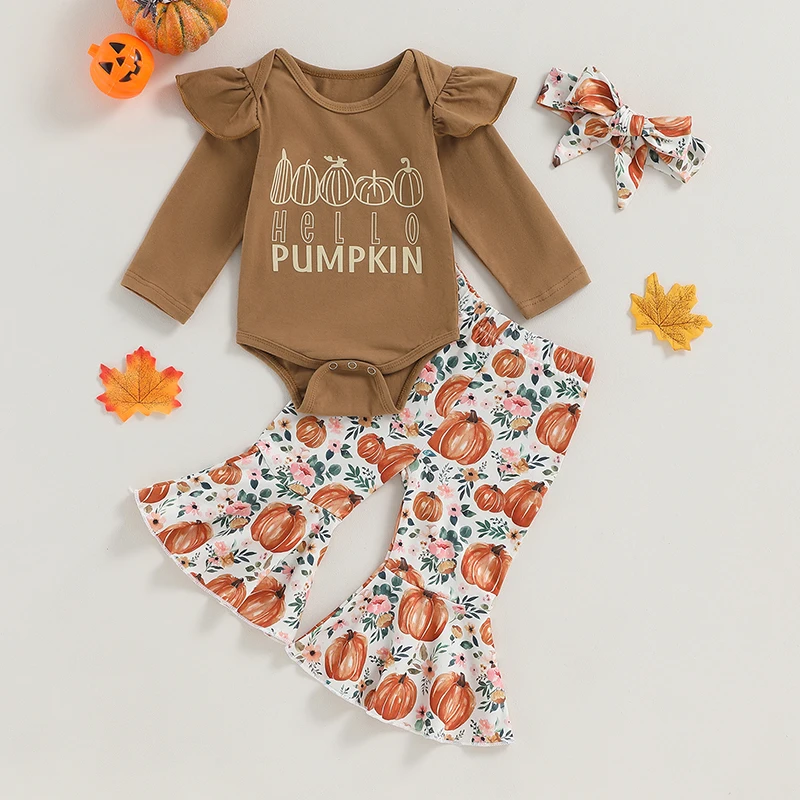 

2023-07-10 Lioraitiin 0-18M Infant Baby Girls Halloween Clothes Letter Pumpkin Print Long Sleeves Romper Flared Pants Headband