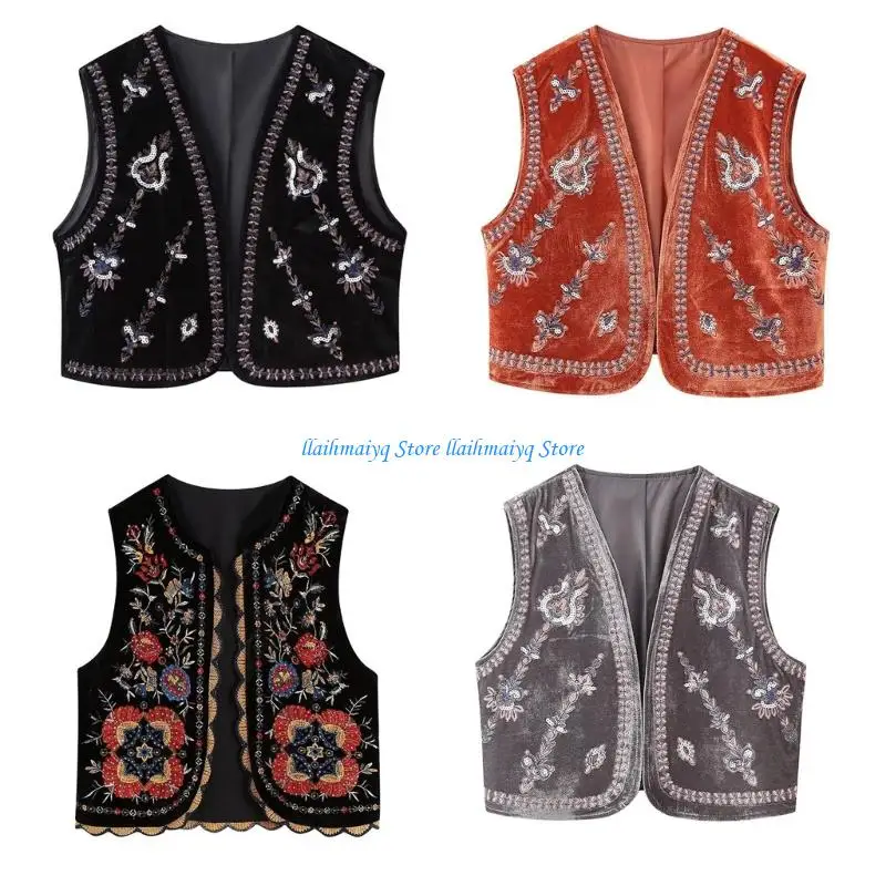 

573B Bohemian Design Embroidered Vest Cardigan Women Loose Fit Lightweight Open Front Seasonal Cover Up Casual Outfit Polyester