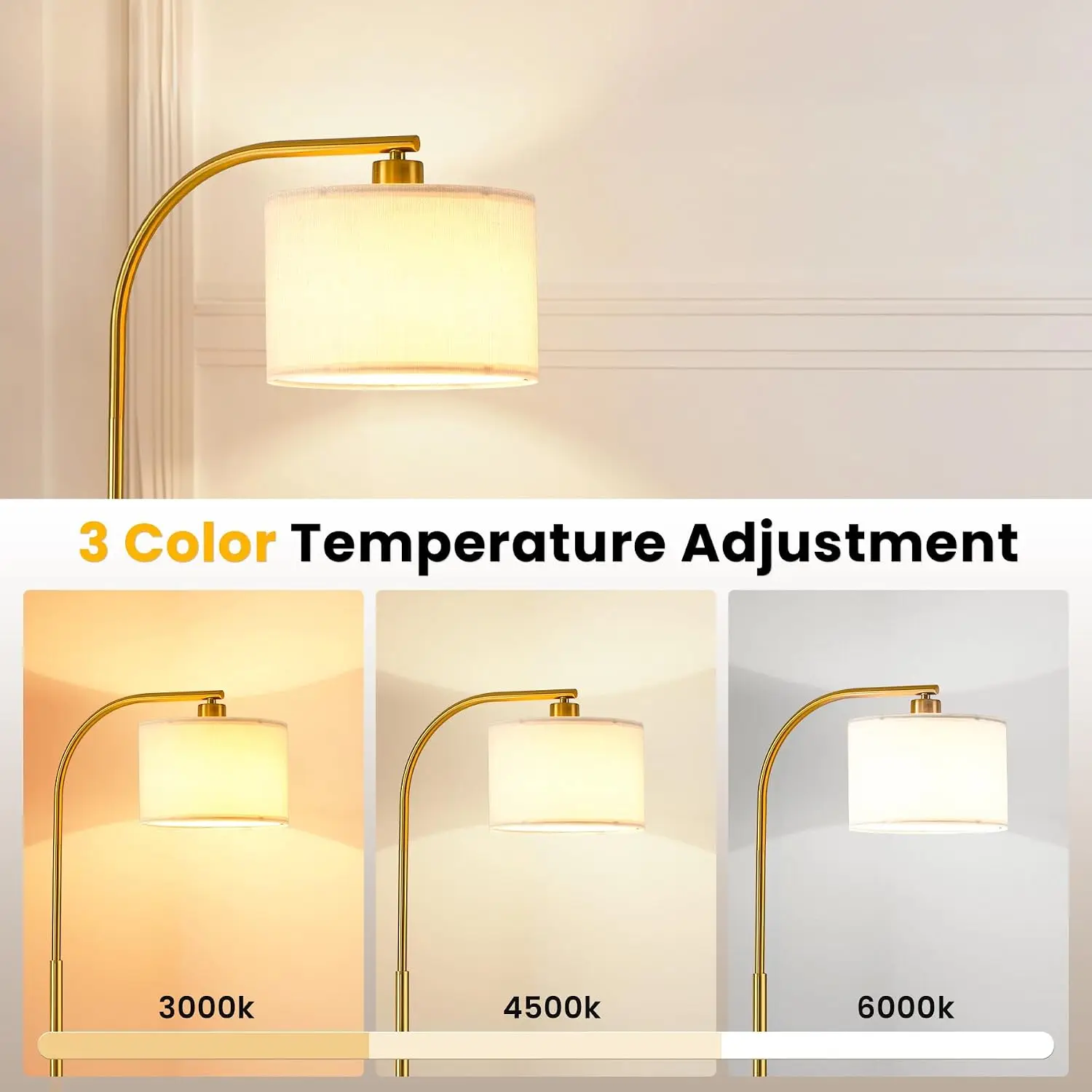 65‑Inch Elegant Gold‑Tone Tall Standing Floor Lamp, Fabric Lampshade, 9W LED Bulb Included, Corner Lamp for Living‑Room, Bedroom, Office, Study & Dining‑Room