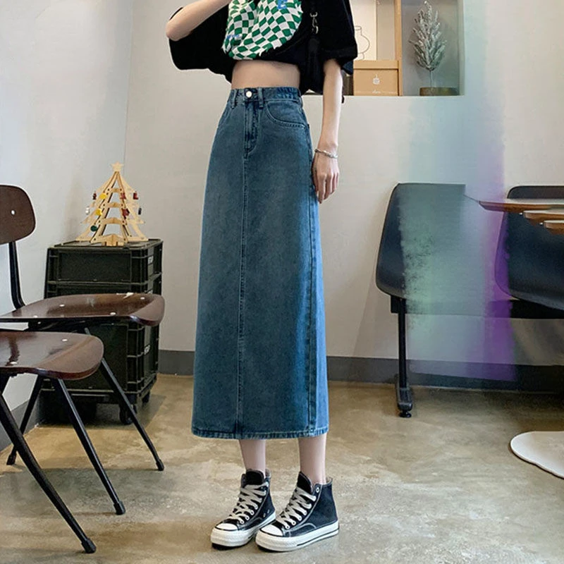 Women Back-slit Denim Skirts Vintage High Waist Spring Autumn Midi Skirt College Streetwear Fashion Simple Harajuku Youths Chic