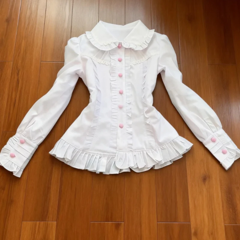 Primavera doce manga longa gola de boneca camisetas femininas design kawaii magro sólido lolita camisa feminina moda roupas muito finas