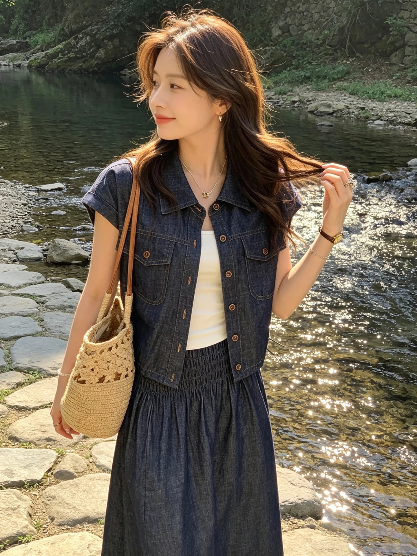 

Retro Hong Kong Style Blue Denim Set Women's Summer Fashion Unique Beautiful Shirt Half Skirt Complete Set High Waist Shorts