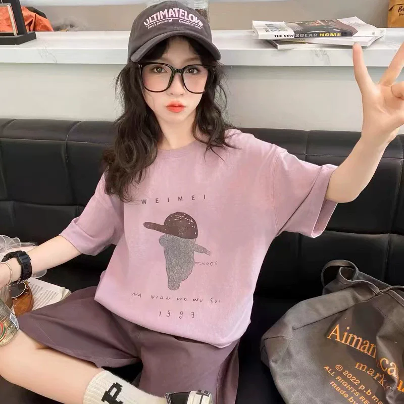 2026 Summer Girls Cotton Alphabet Cartoon Print Loose t-Shirt Tops+Shorts Pant Sets School Kids 2PCS Tracksuit Children Outfit