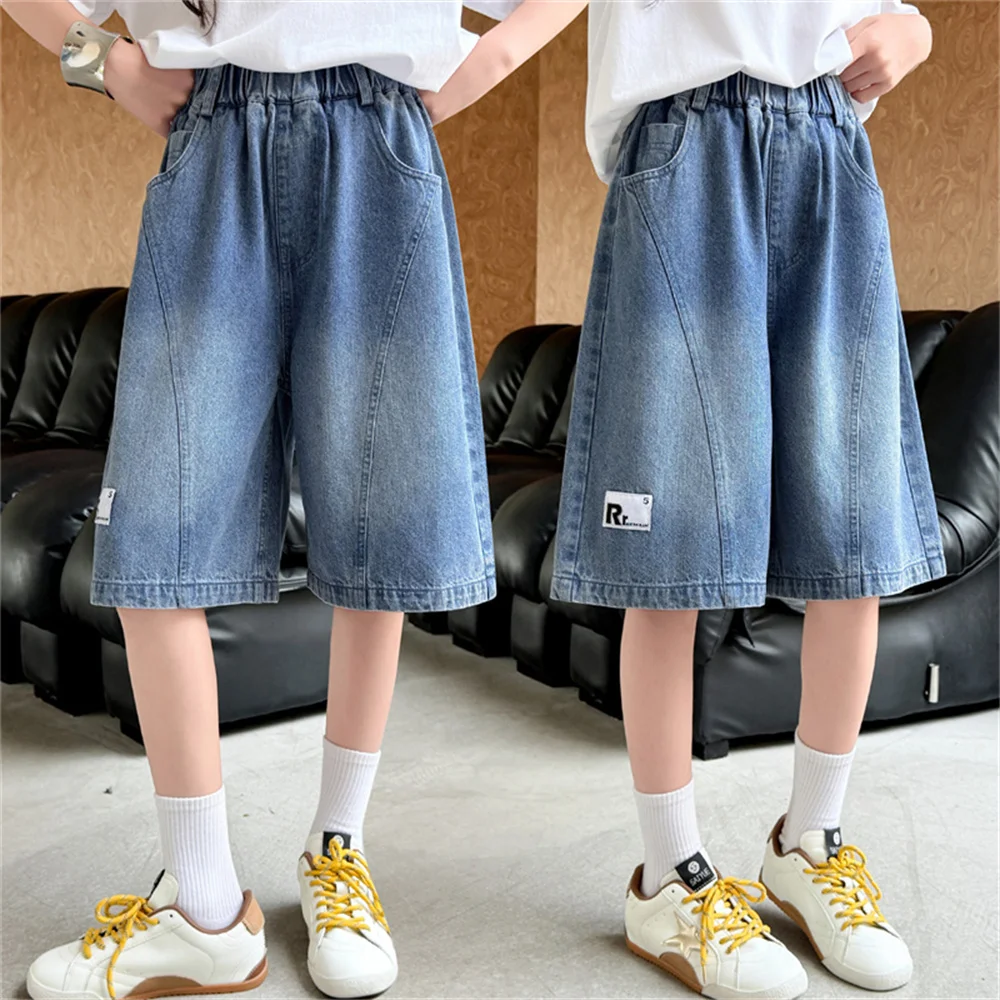 New Summer Kids Children Classic Blue Denim Shorts for Tweens Girls Casual Knee Length Jeans Capris Age 5 6 7 8 9 10 11 12 13 14