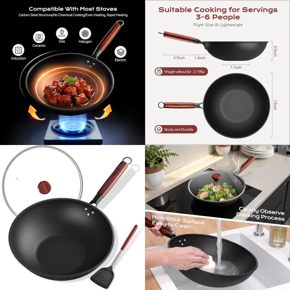 

Углеродистая стальная сковорода-вок 13 дюймов с крышкой из стекла, силиконовым ободом, антипригарным покрытием, предварительно обработанная, для китайской кухни