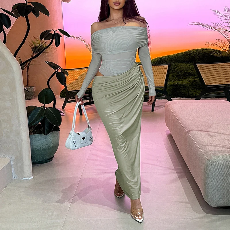 Robe de soirée transparente en maille pour femmes, Sexy, Patchwork, soirée, anniversaire, boîte de nuit, épaules dénudées, manches longues, froncée, robe Maxi de bal
