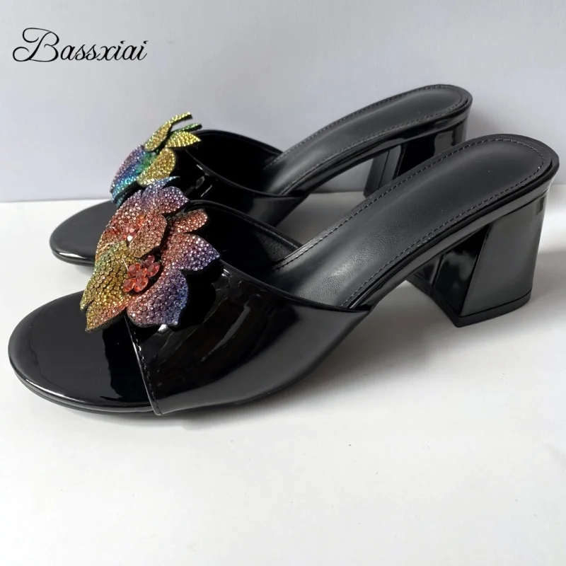 

Colorful Rhinestone Diamond Flower Summer Mules Concise Style Slingbacks Medium Heel Modern Sandals for Women