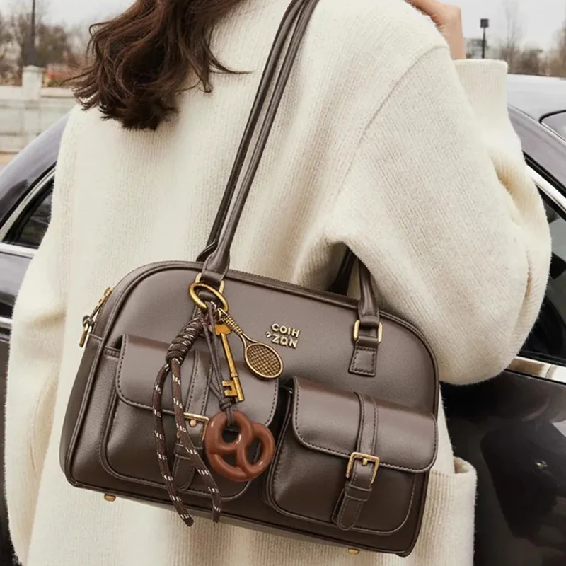 

Корейская ретро-сумка через плечо для женщин, многокарманная сумка-боулинг, новинка 2026 года, премиум-класс, из искусственной кожи, стильная, вместительная, для ежедневных поездок