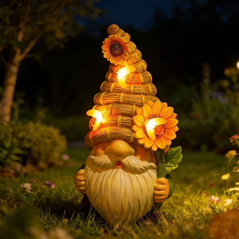Solar Dwarf Garden Statue with Welcome Sign Whimsical Statue Featuring Sunflowers A Gift for Mom's Garden, Courtyard, or Lawn