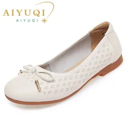 AIYUQI Women Summer Shoes 2024 Spring New Genuine Leather Flat Casual Shoes Women Round Toe Large Size Cutout Mom Shoes Women