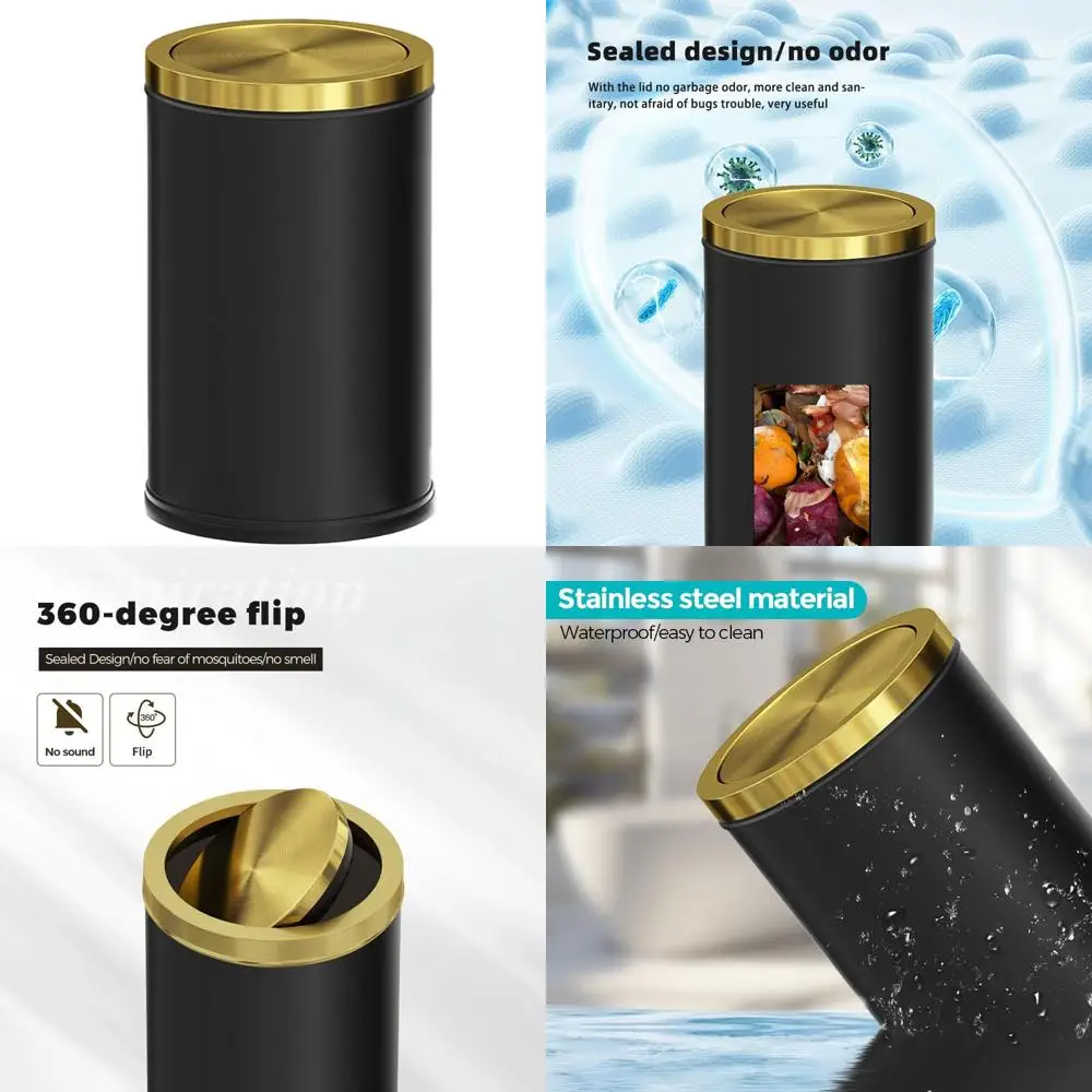 

18L Black & Gold Stainless Steel Swing Lid Trash Can - Elegant Waste Basket for Home, Bathroom, Kitchen & Hotel