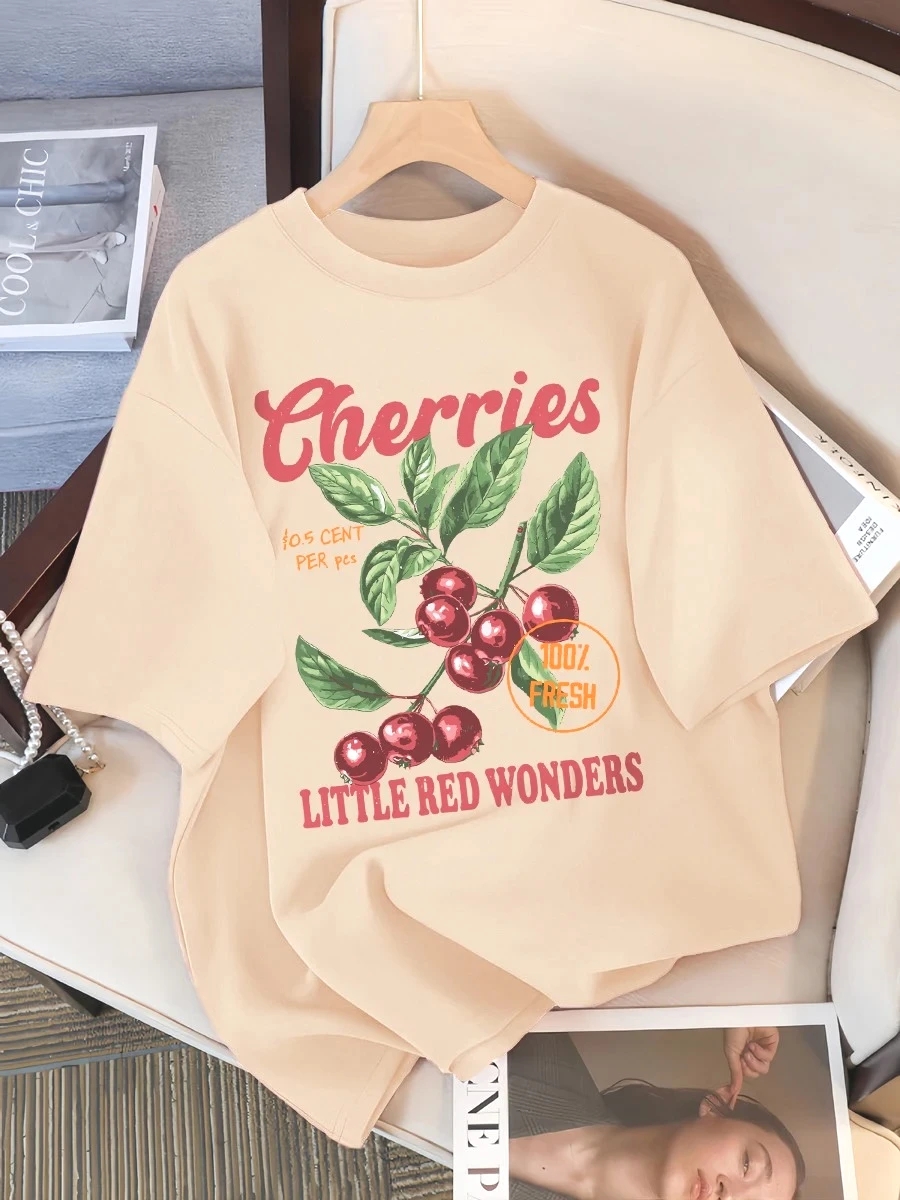 Camiseta com design de cerezas frescas y pequenas maravillas rojas para mujercamisetas informale ropa deportiva femenina de