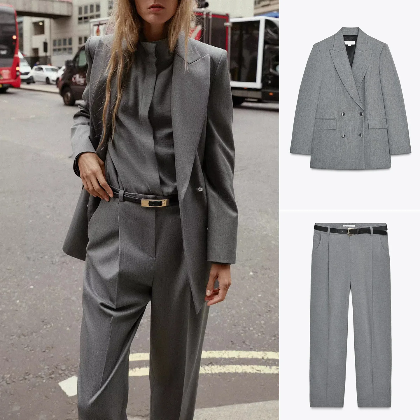 

Женский костюм для поездок на работу, плиссированные брюки с высокой талией и поясом, длинное двубортное пальто Sve, повседневная модная осенняя одежда