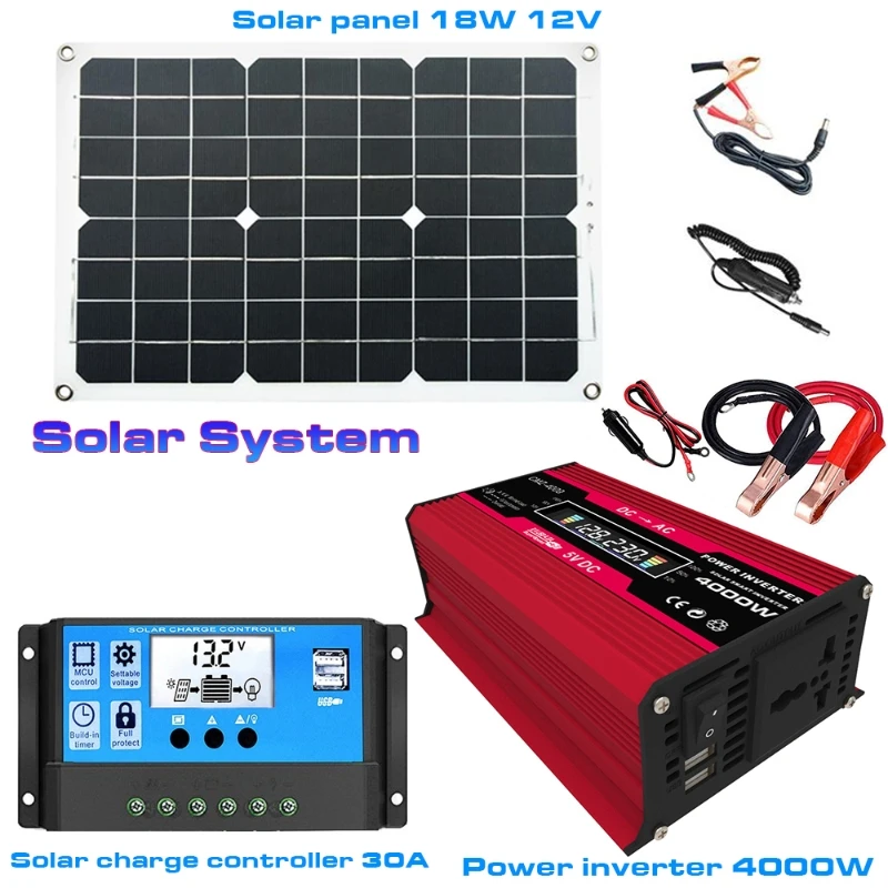 Peak 4000W Car Power Inverter Solar Panel System 12V to 110V with LED Display Voltage Transformer Modified Sine Wave