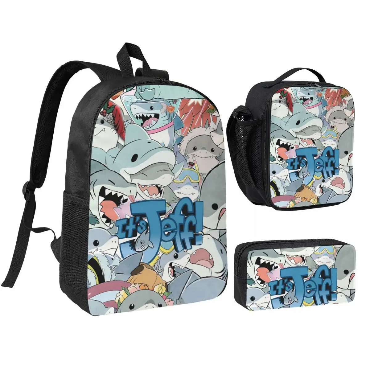 

Cute Jeff The Land Shark Cartoon Backpack Boys Girls BookBag School Bag Shoulder Bags 3ps Insulated Lunch Bag Pencil Case