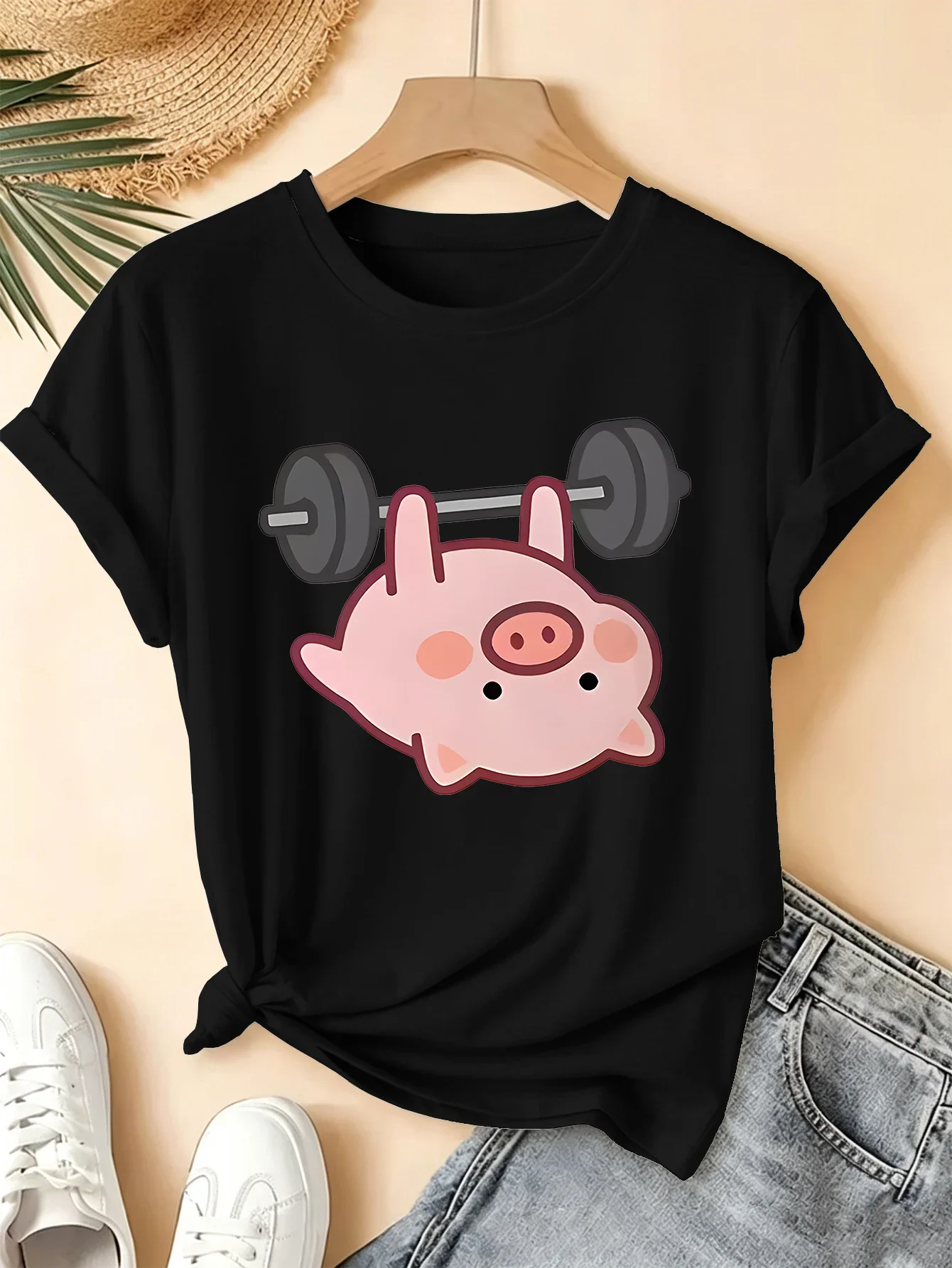 Cute Cartoon Pig Lifting Barbell Fitness Workout Art Print Graphic Womens T Shirt Short Sleeve Crew Neck Casual Ladies Tee Tops