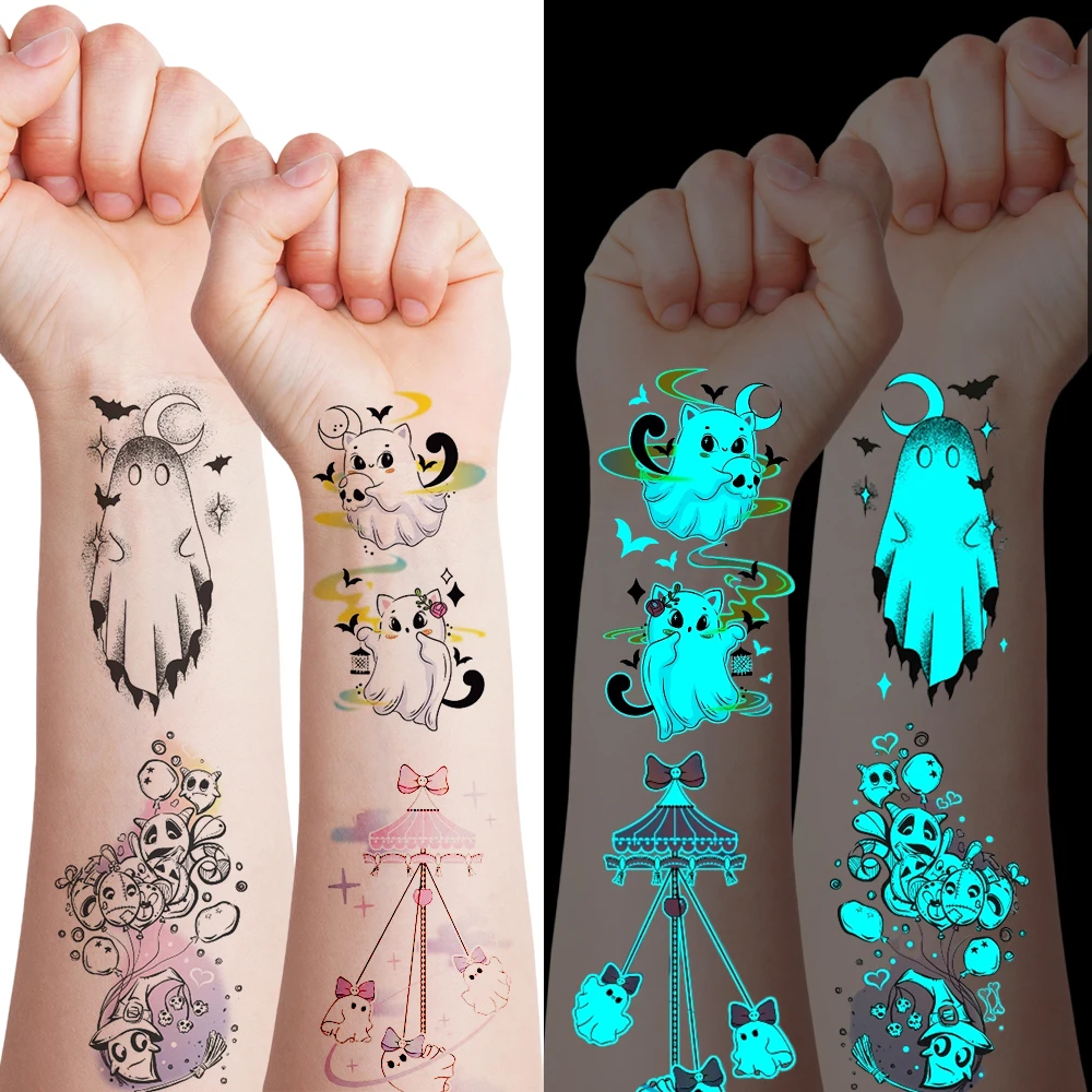 

Halloween Glitter Temporary Tattoos 12 Sheets - Waterproof Shiny Princess Witch Fairy Pumpkin Ghost Magic School Designs