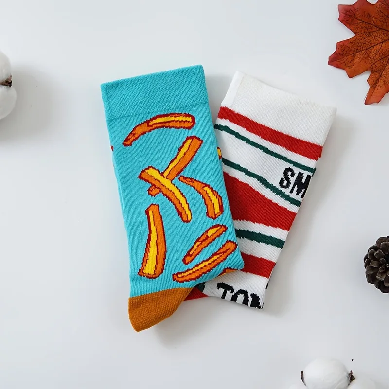 Lustige Socken mit Tomaten-Ketchup- und Pommes-Frites-Motiv, Baumwollsocken im AB-Stil, mittelhohe Socken mit Lebensmittelmotiven, kreative, abstrakte, originelle Paar-Socken. – Detail 7